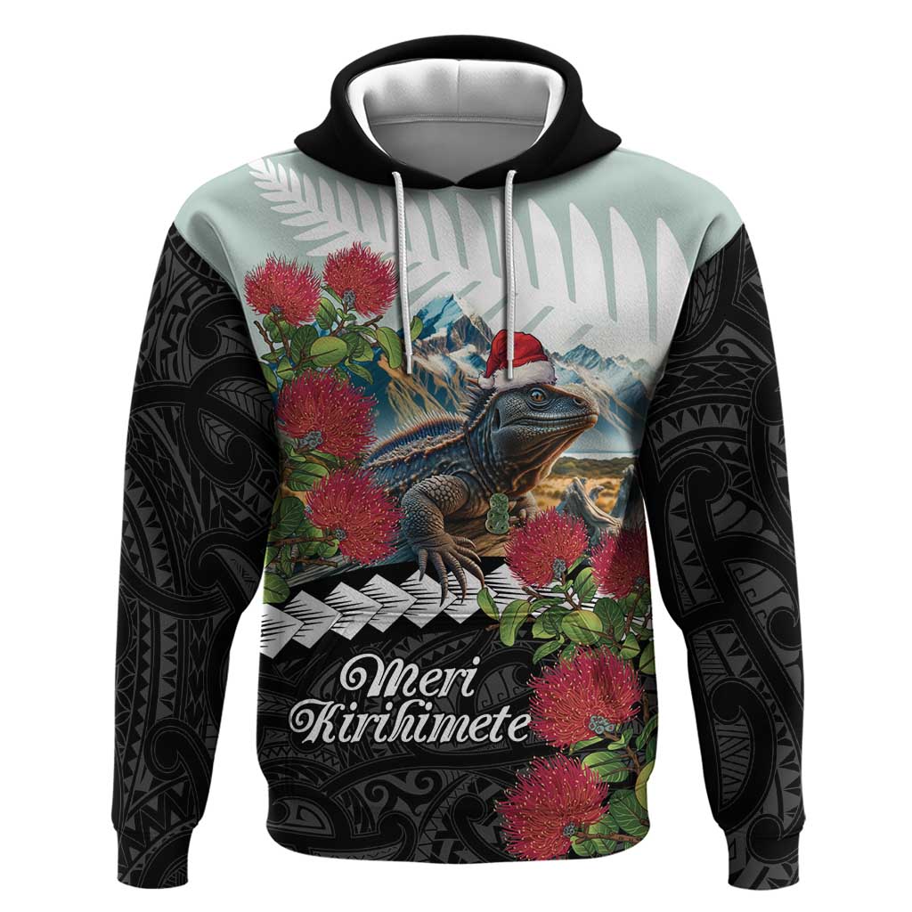 Meri Kirihimete Tuatara Zip Hoodie New Zealand Fern with Puhutukawa Flowers LT9 Pullover Hoodie Green - Polynesian Pride
