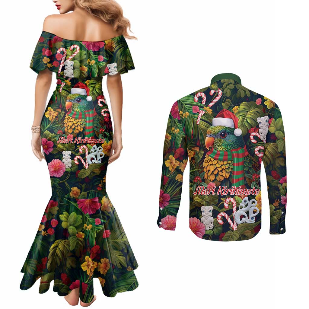 Meri Kirihimete Kakapo Santa Couples Matching Mermaid Dress and Long Sleeve Button Shirt Merry Christmas with Tropical Vibe