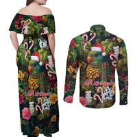 Meri Kirihimete Kakapo Santa Couples Matching Off Shoulder Maxi Dress and Long Sleeve Button Shirt Merry Christmas with Tropical Vibe