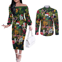 Meri Kirihimete Kakapo Santa Couples Matching Off The Shoulder Long Sleeve Dress and Long Sleeve Button Shirt Merry Christmas with Tropical Vibe