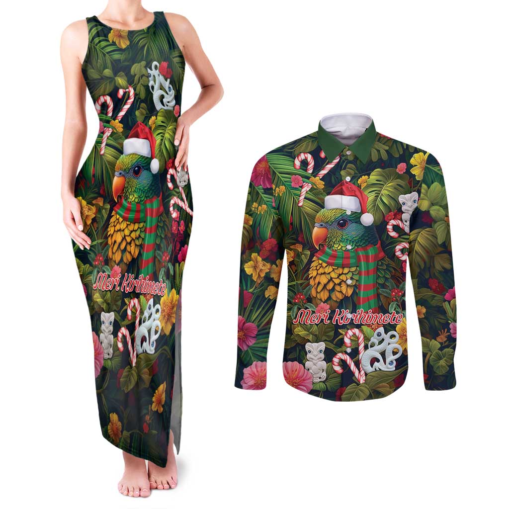 Meri Kirihimete Kakapo Santa Couples Matching Tank Maxi Dress and Long Sleeve Button Shirt Merry Christmas with Tropical Vibe