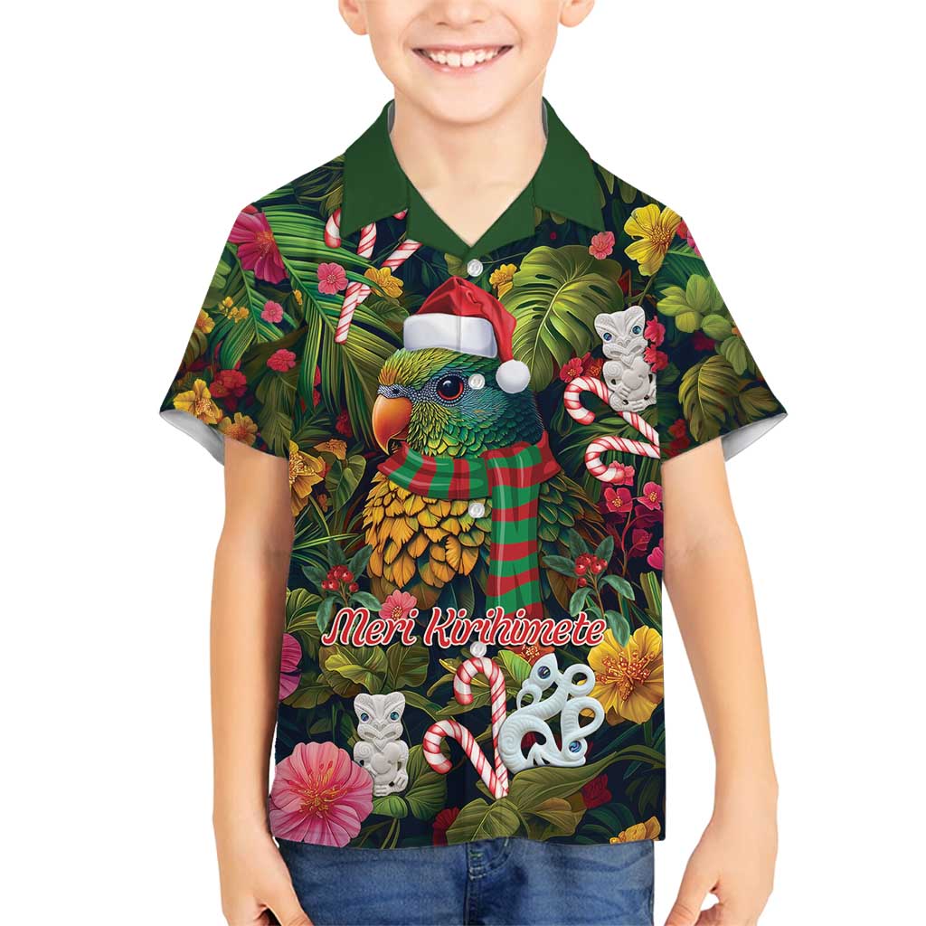 Meri Kirihimete Kakapo Santa Family Matching Long Sleeve Bodycon Dress and Hawaiian Shirt Merry Christmas with Tropical Vibe LT9 Son's Shirt Green - Polynesian Pride