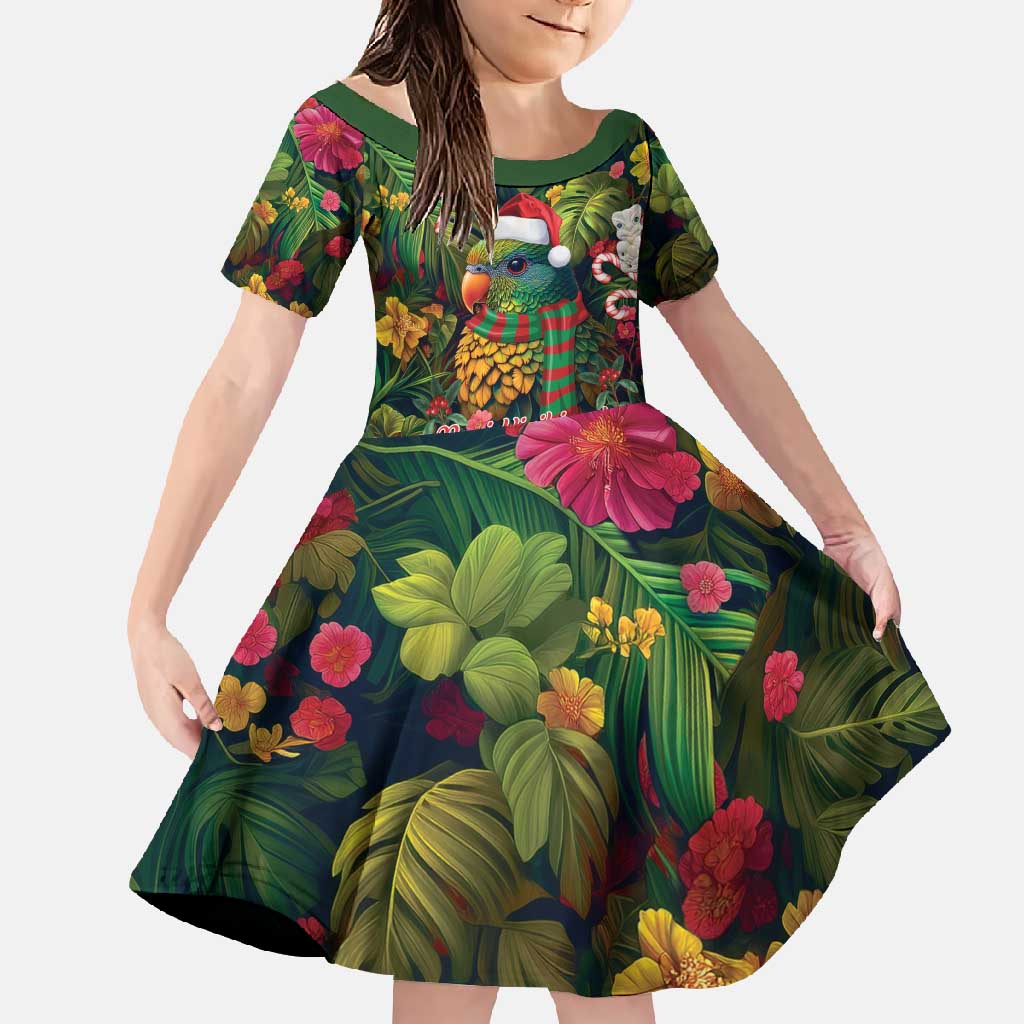 Meri Kirihimete Kakapo Santa Family Matching Mermaid Dress and Hawaiian Shirt Merry Christmas with Tropical Vibe LT9 Daughter's Dress Green - Polynesian Pride