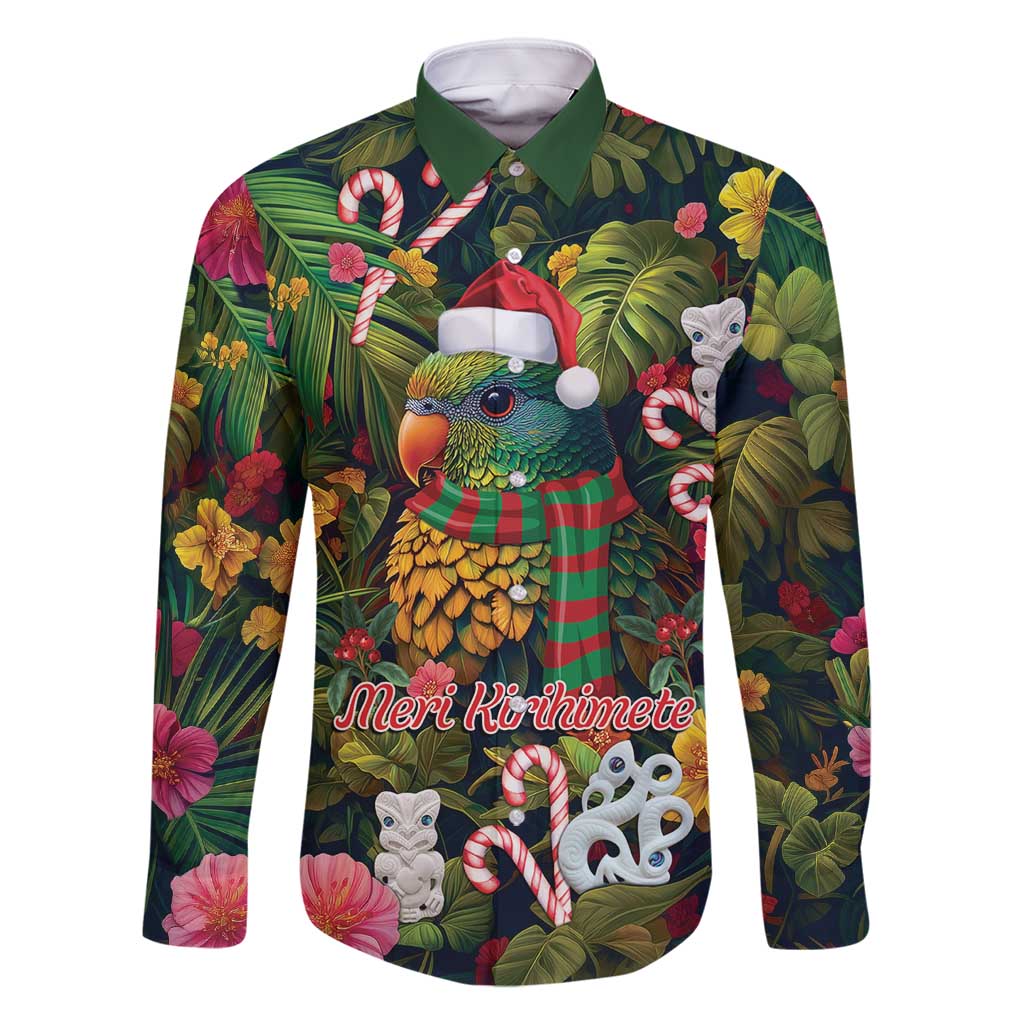 Meri Kirihimete Kakapo Santa Family Matching Mermaid Dress and Hawaiian Shirt Merry Christmas with Tropical Vibe LT9 Dad's Shirt - Long Sleeve Green - Polynesian Pride