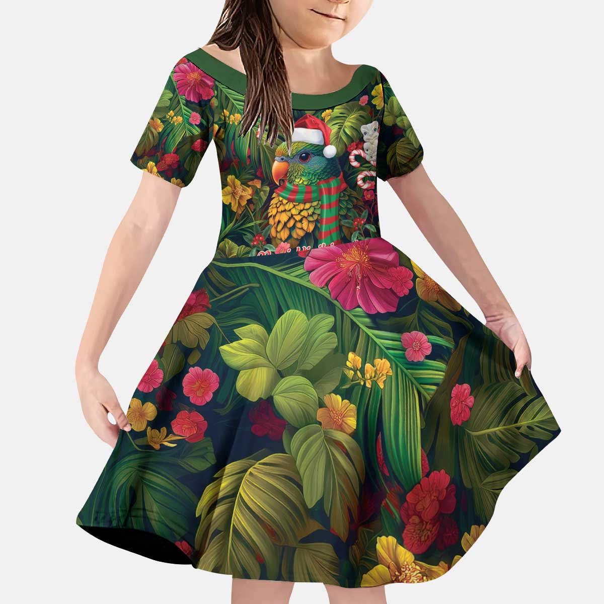 Meri Kirihimete Kakapo Santa Kid Short Sleeve Dress Merry Christmas with Tropical Vibe