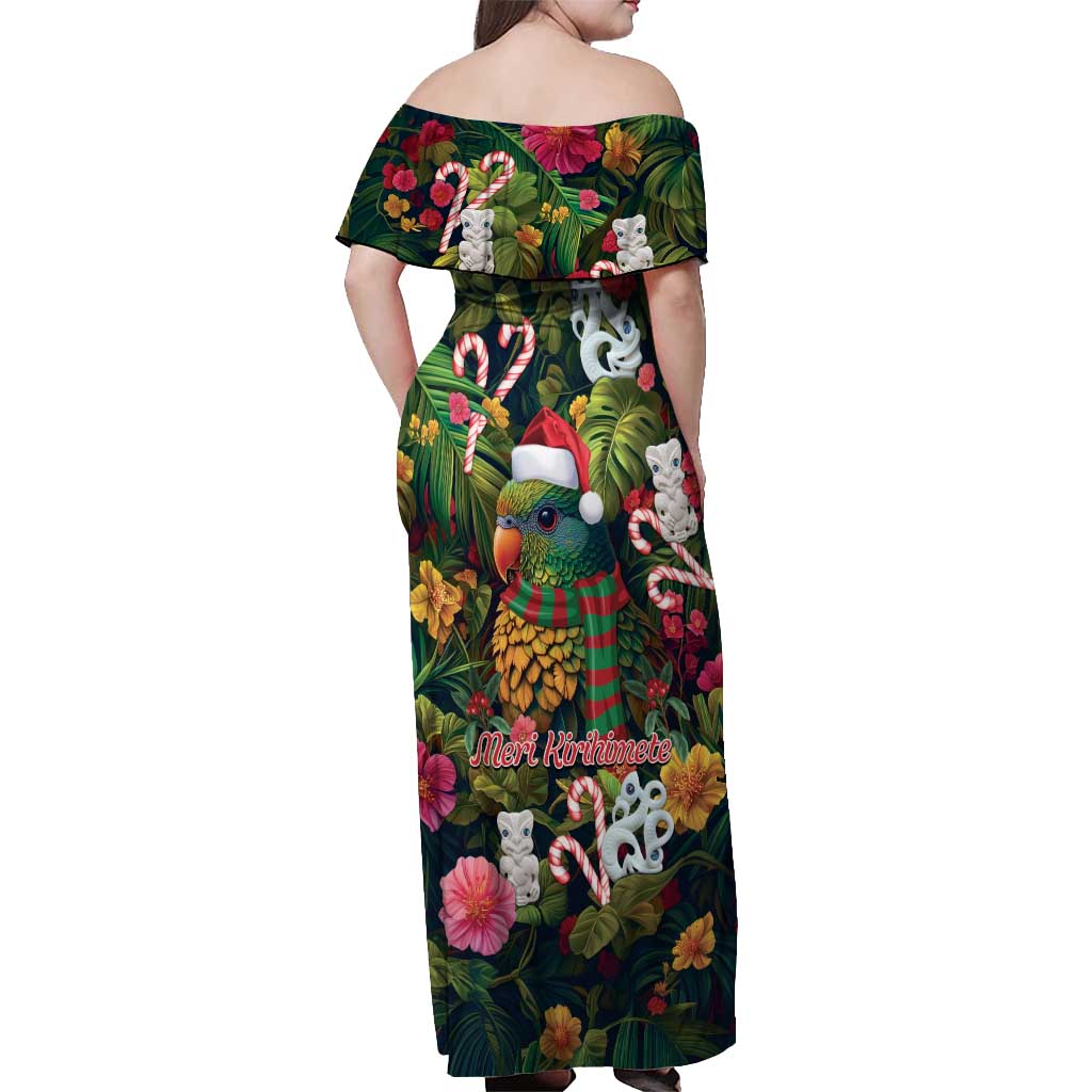 Meri Kirihimete Kakapo Santa Off Shoulder Maxi Dress Merry Christmas with Tropical Vibe