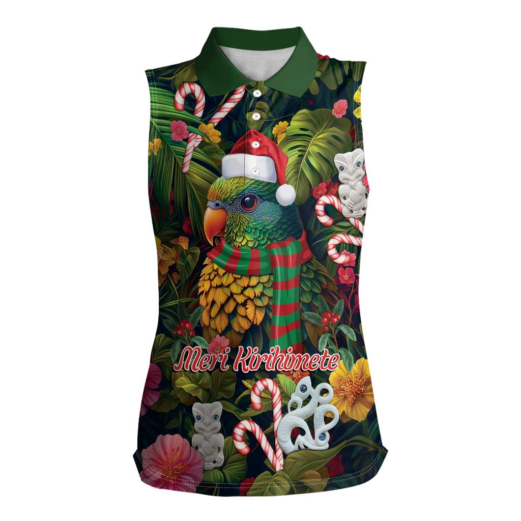 Meri Kirihimete Kakapo Santa Women Sleeveless Polo Shirt Merry Christmas with Tropical Vibe