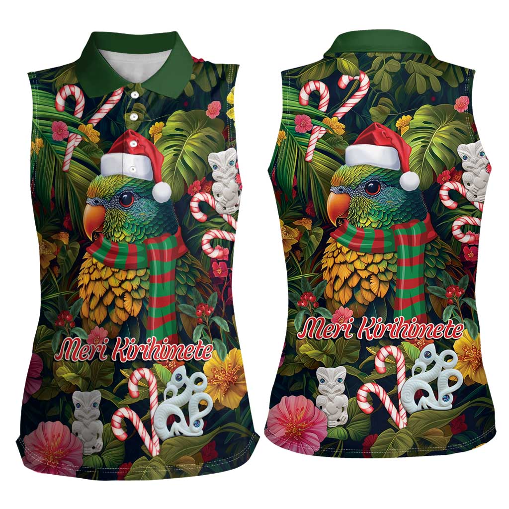 Meri Kirihimete Kakapo Santa Women Sleeveless Polo Shirt Merry Christmas with Tropical Vibe
