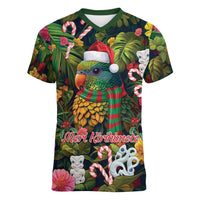 Meri Kirihimete Kakapo Santa Women V-Neck T-Shirt Merry Christmas with Tropical Vibe