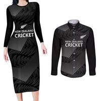 New Zealand Cricket Custom Couples Matching Long Sleeve Bodycon Dress and Long Sleeve Button Shirt Potae Pango Black Fern Pattern