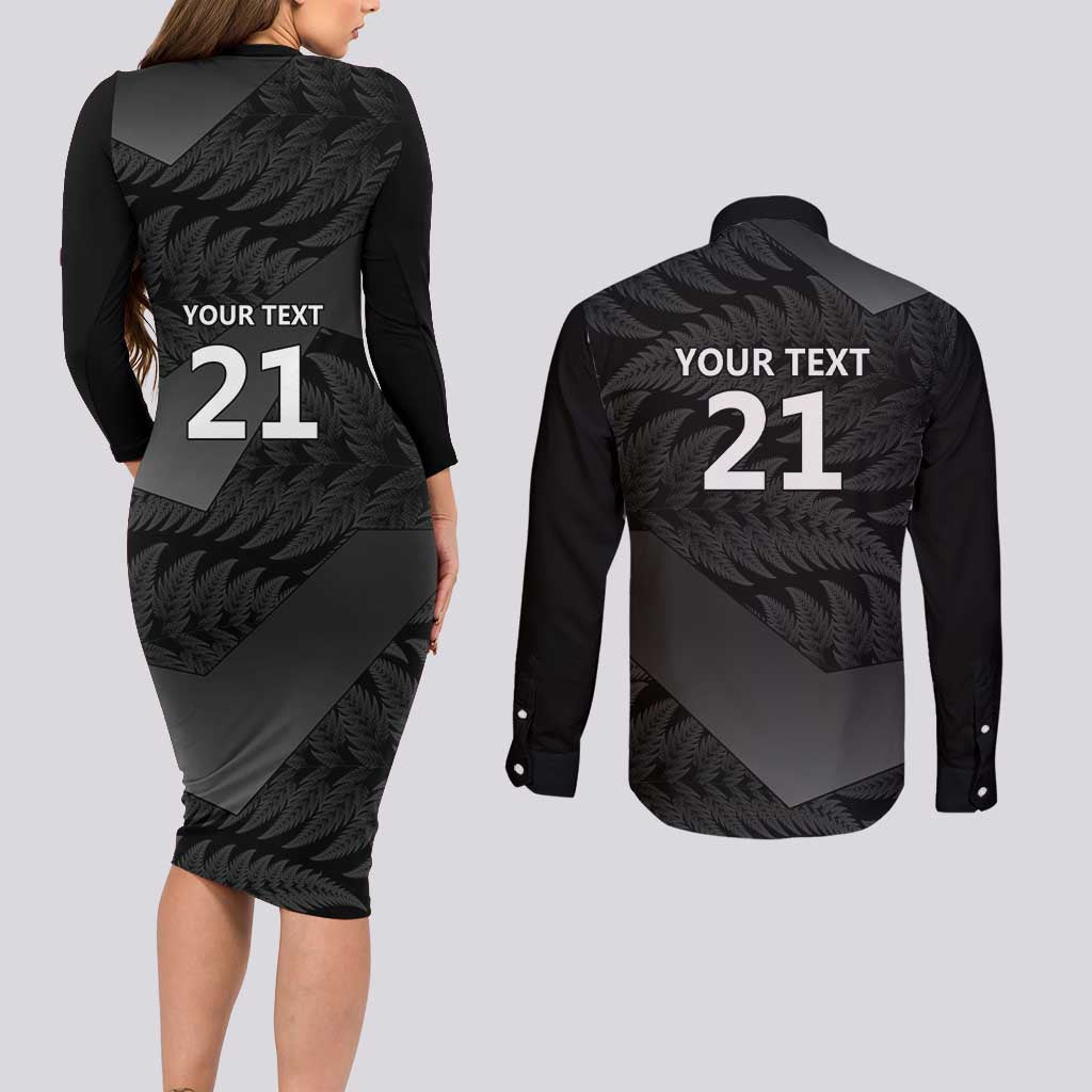 New Zealand Cricket Custom Couples Matching Long Sleeve Bodycon Dress and Long Sleeve Button Shirt Potae Pango Black Fern Pattern