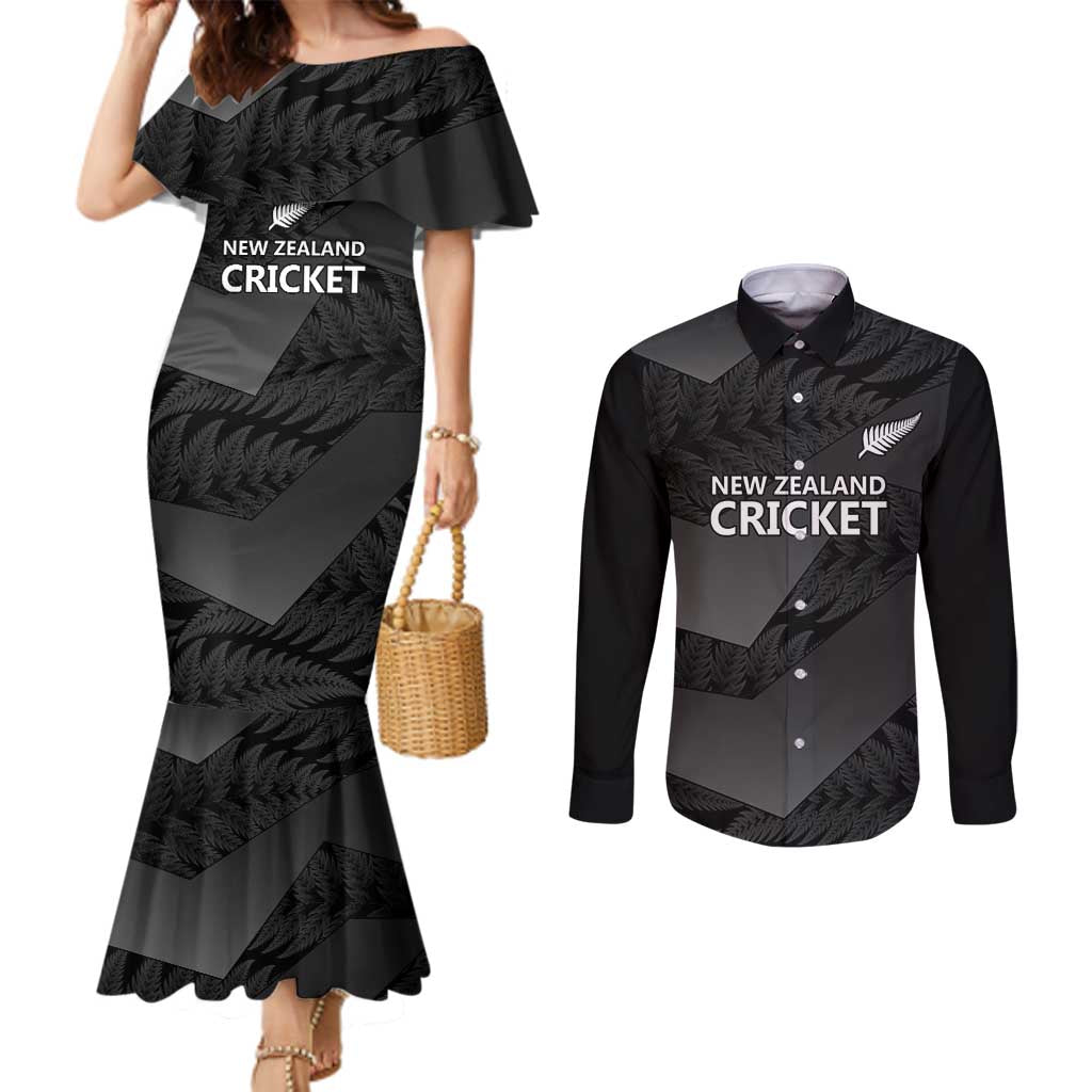 New Zealand Cricket Custom Couples Matching Mermaid Dress and Long Sleeve Button Shirt Potae Pango Black Fern Pattern