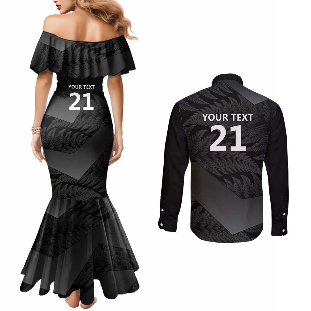New Zealand Cricket Custom Couples Matching Mermaid Dress and Long Sleeve Button Shirt Potae Pango Black Fern Pattern