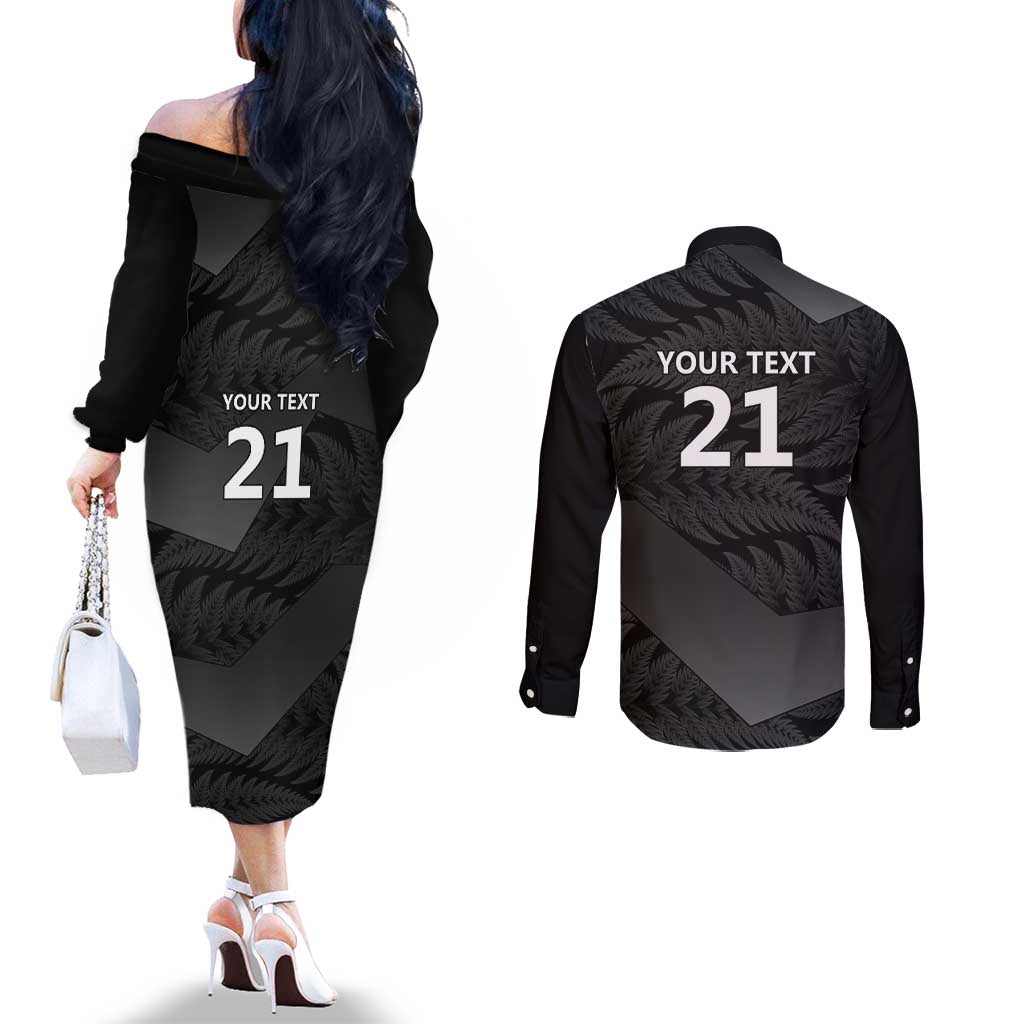 New Zealand Cricket Custom Couples Matching Off The Shoulder Long Sleeve Dress and Long Sleeve Button Shirt Potae Pango Black Fern Pattern