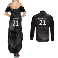 New Zealand Cricket Custom Couples Matching Summer Maxi Dress and Long Sleeve Button Shirt Potae Pango Black Fern Pattern