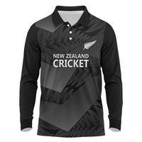 New Zealand Cricket Custom Long Sleeve Polo Shirt Potae Pango Black Fern Pattern