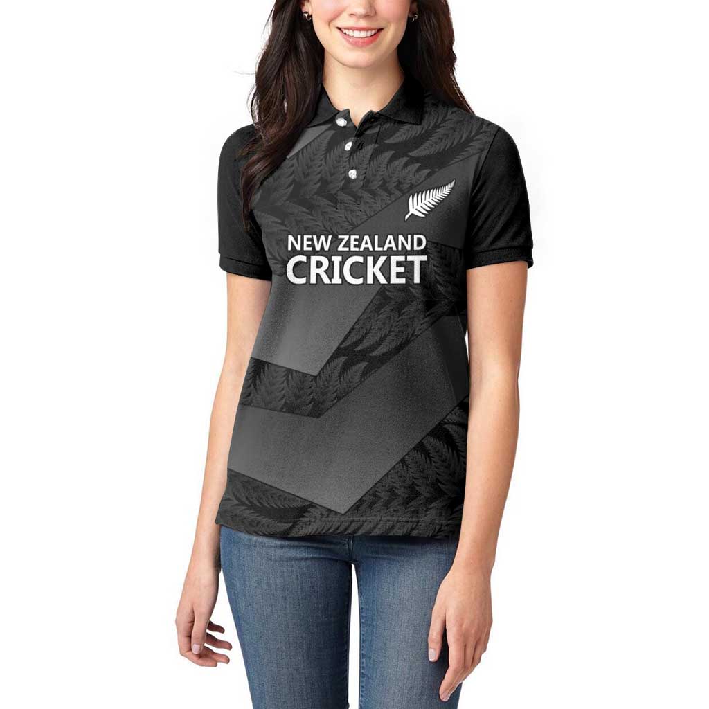 New Zealand Cricket Custom Women Polo Shirt Potae Pango Black Fern Pattern