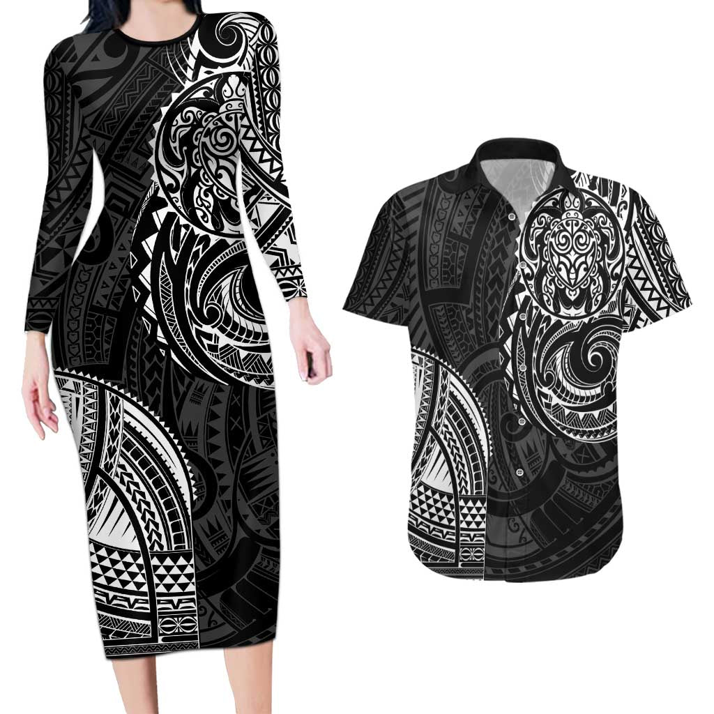Polynesian Turtle Tribal Tattoo Couples Matching Long Sleeve Bodycon Dress and Hawaiian Shirt Black Style