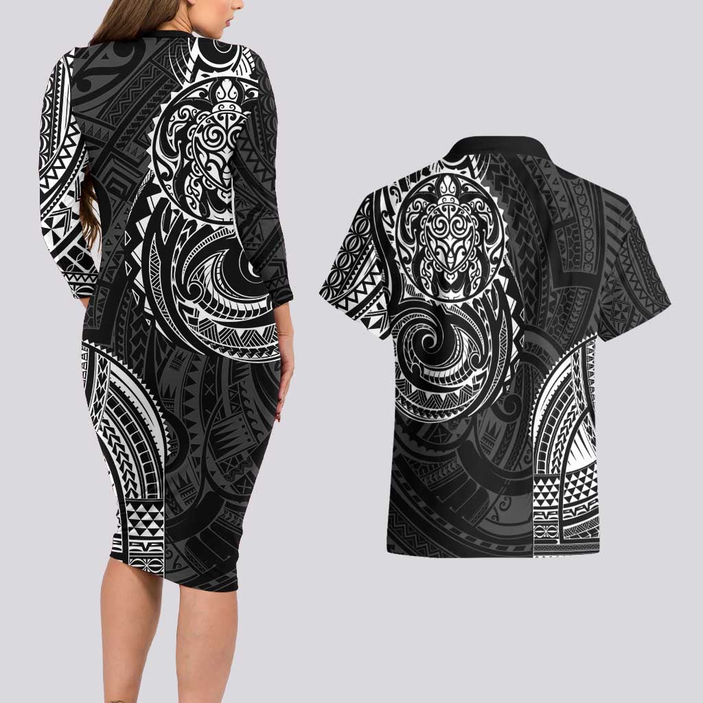 Polynesian Turtle Tribal Tattoo Couples Matching Long Sleeve Bodycon Dress and Hawaiian Shirt Black Style