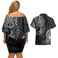Polynesian Turtle Tribal Tattoo Couples Matching Off Shoulder Short Dress and Hawaiian Shirt Black Style