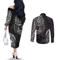 Polynesian Turtle Tribal Tattoo Couples Matching Off The Shoulder Long Sleeve Dress and Long Sleeve Button Shirt Black Style