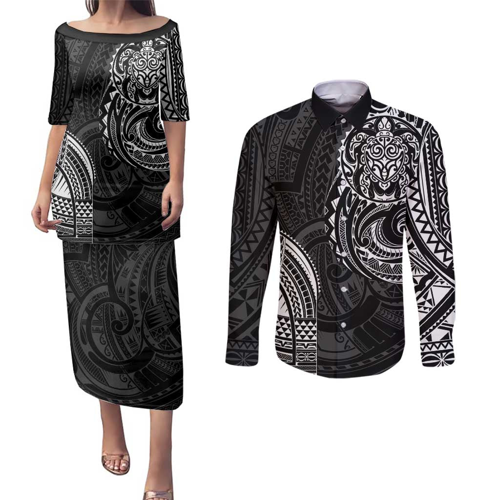 Polynesian Turtle Tribal Tattoo Couples Matching Puletasi and Long Sleeve Button Shirt Black Style