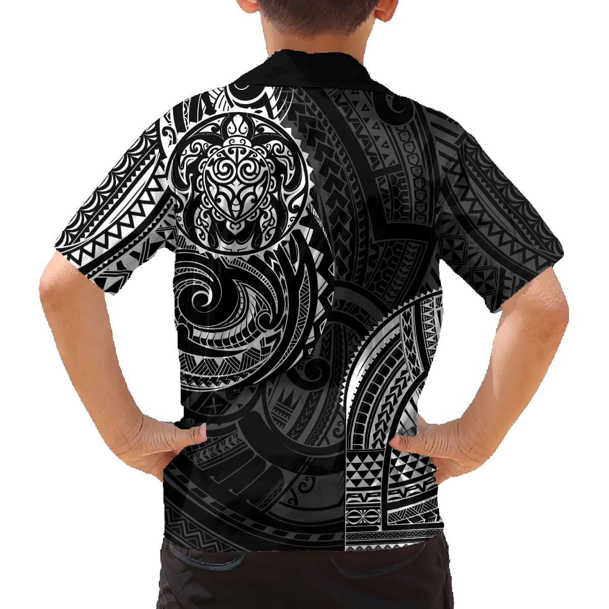 Polynesian Turtle Tribal Tattoo Family Matching Off The Shoulder Long Sleeve Dress and Hawaiian Shirt Black Style