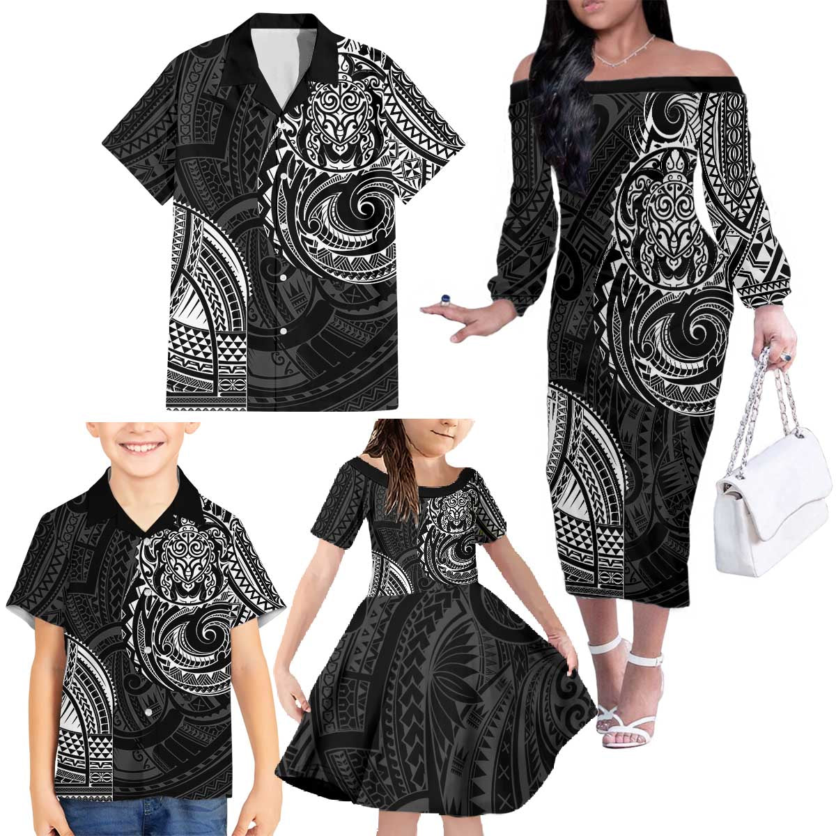 Polynesian Turtle Tribal Tattoo Family Matching Off The Shoulder Long Sleeve Dress and Hawaiian Shirt Black Style