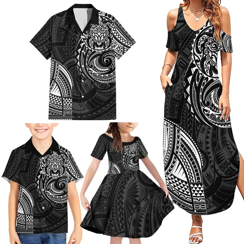 Polynesian Turtle Tribal Tattoo Family Matching Summer Maxi Dress and Hawaiian Shirt Black Style