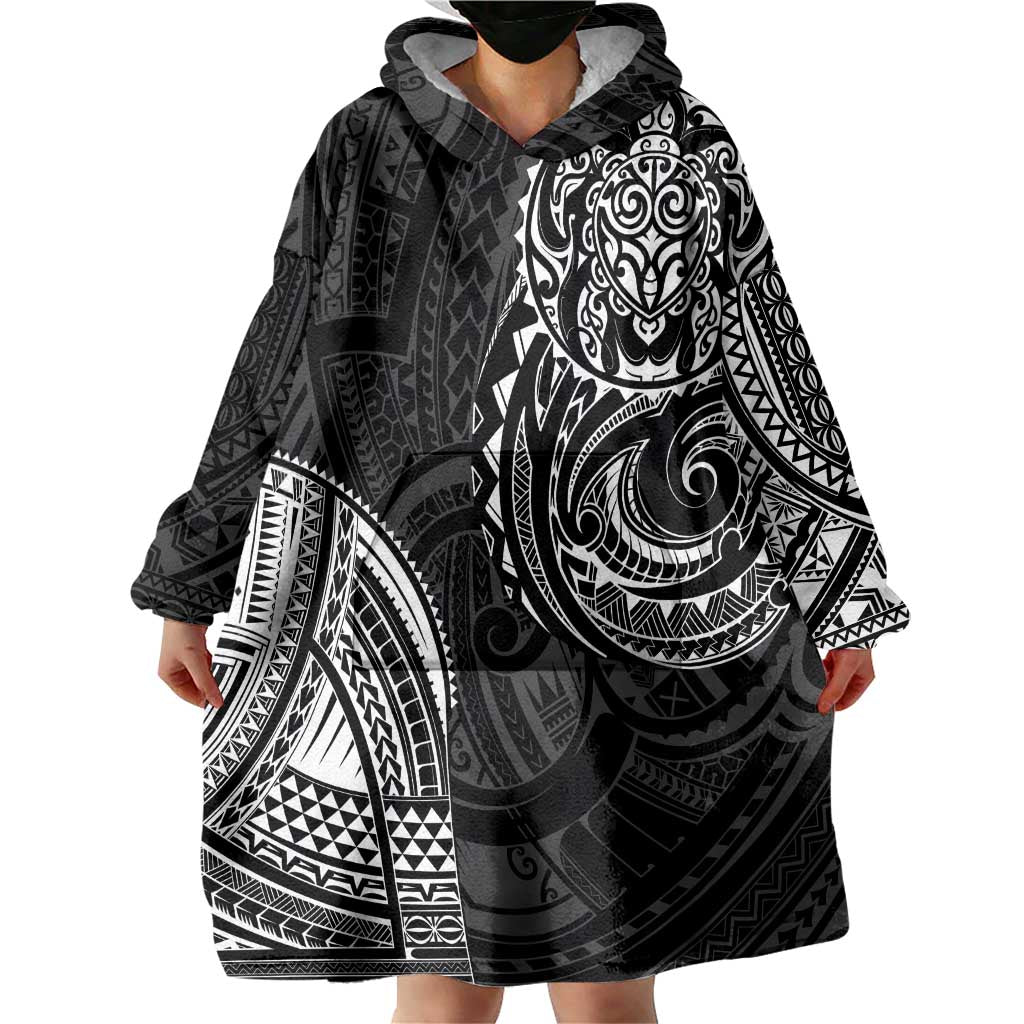 Polynesian Turtle Tribal Tattoo Wearable Blanket Hoodie Black Style