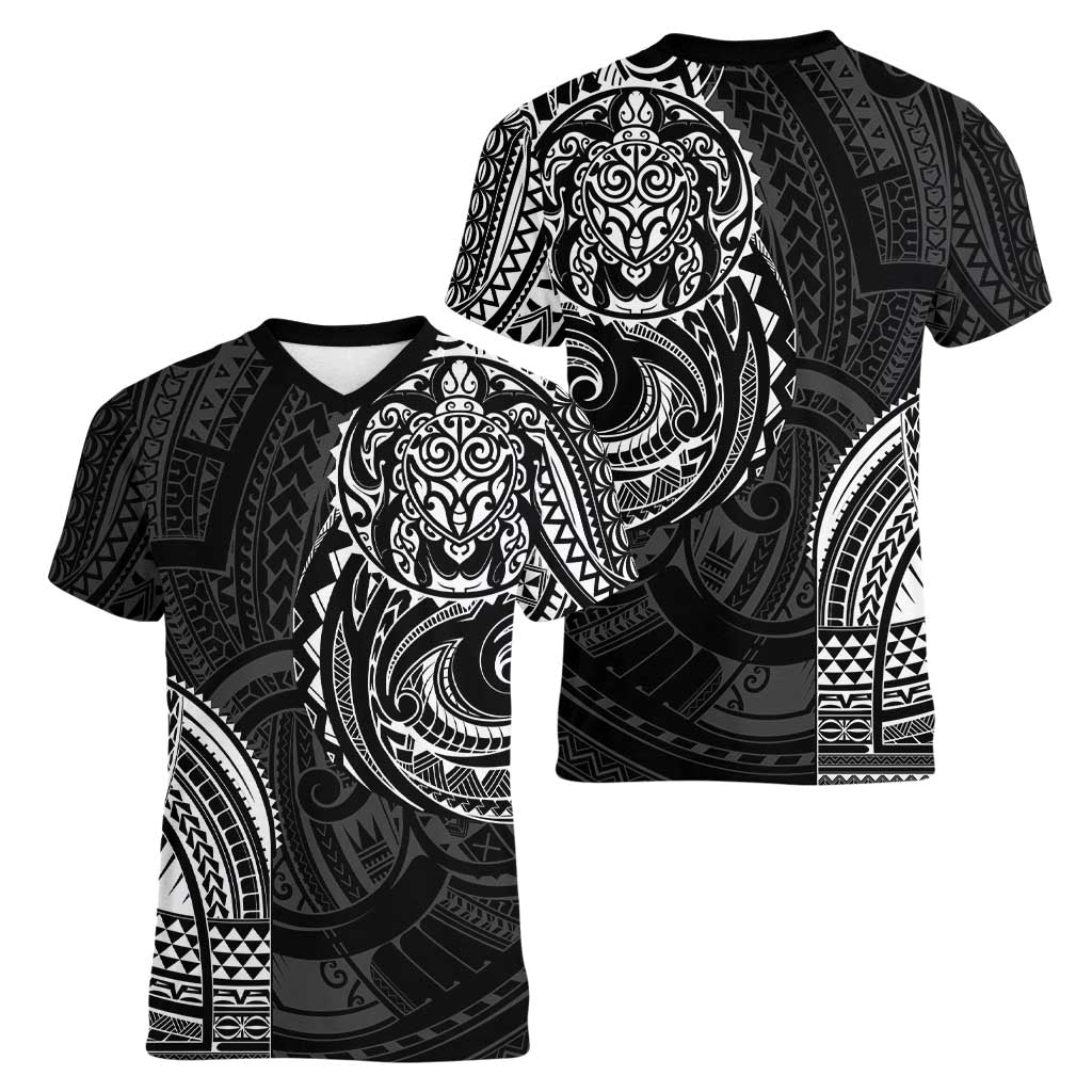 Polynesian Turtle Tribal Tattoo Women V-Neck T-Shirt Black Style