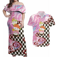 Personalized Japanese Kawaii Sushi Roll Couples Matching Off Shoulder Maxi Dress and Hawaiian Shirt Wagara Palaka Pattern LT9 Pink - Polynesian Pride