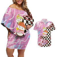 Personalized Japanese Kawaii Sushi Roll Couples Matching Off Shoulder Short Dress and Hawaiian Shirt Wagara Palaka Pattern