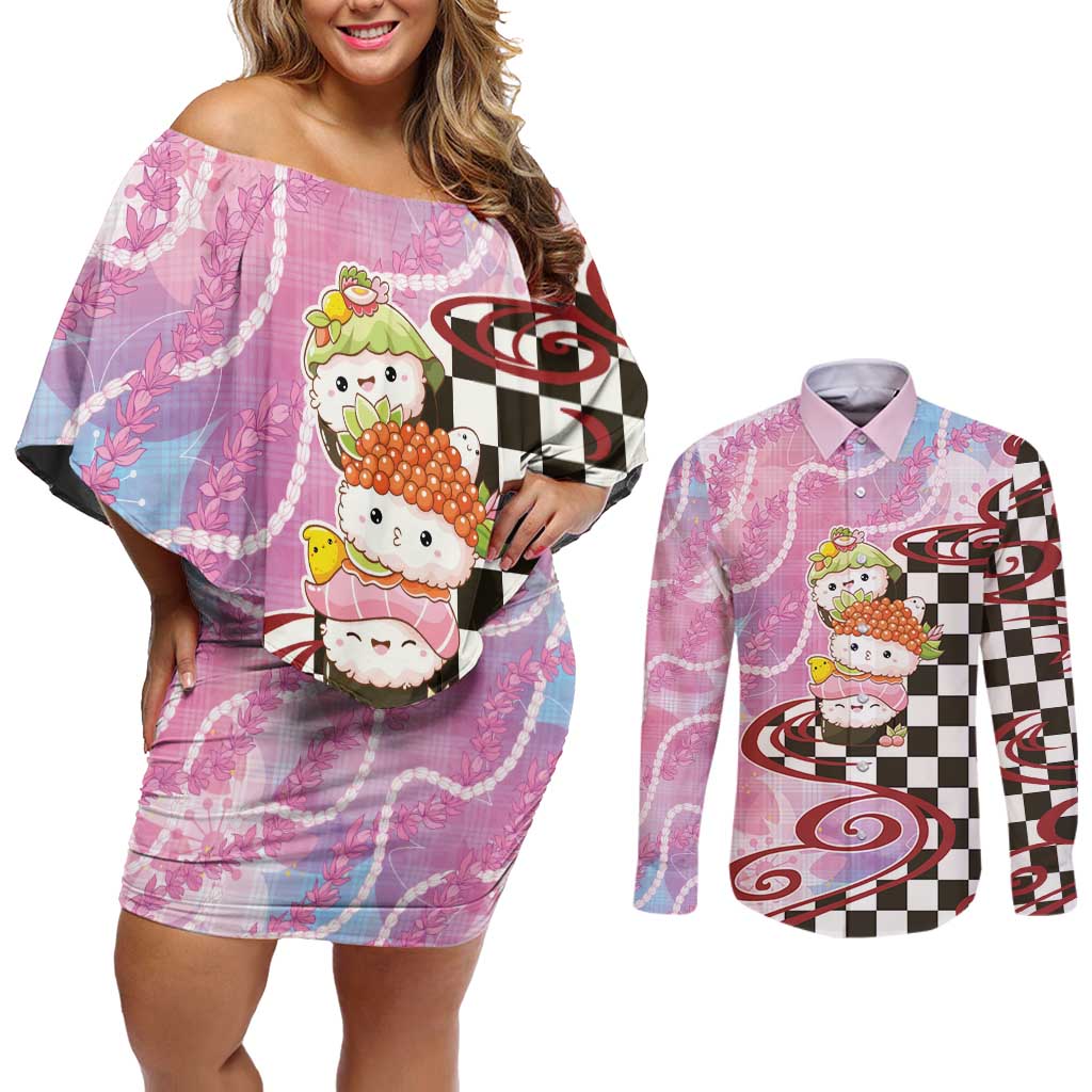 Personalized Japanese Kawaii Sushi Roll Couples Matching Off Shoulder Short Dress and Long Sleeve Button Shirt Wagara Palaka Pattern