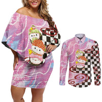 Personalized Japanese Kawaii Sushi Roll Couples Matching Off Shoulder Short Dress and Long Sleeve Button Shirt Wagara Palaka Pattern