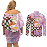 Personalized Japanese Kawaii Sushi Roll Couples Matching Off Shoulder Short Dress and Long Sleeve Button Shirt Wagara Palaka Pattern