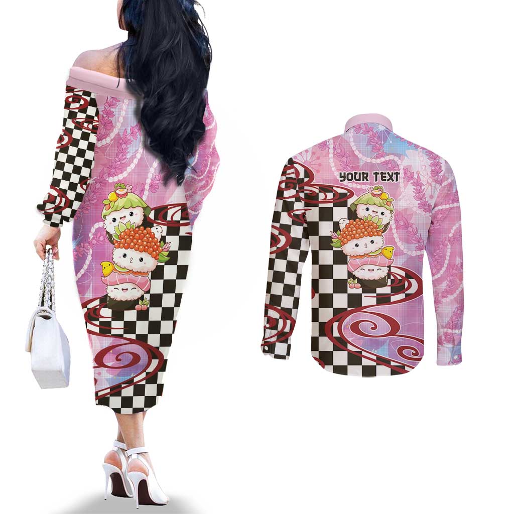 Personalized Japanese Kawaii Sushi Roll Couples Matching Off The Shoulder Long Sleeve Dress and Long Sleeve Button Shirt Wagara Palaka Pattern LT9 - Polynesian Pride