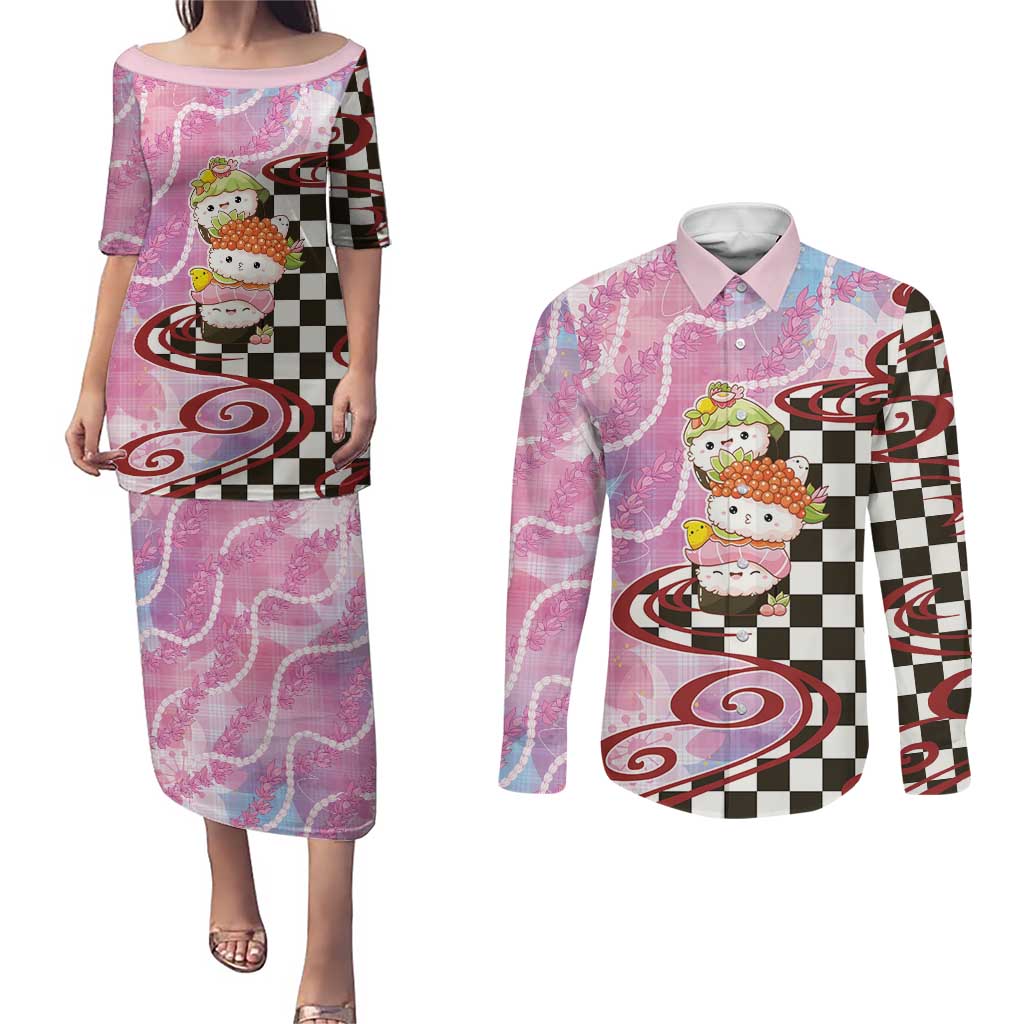 Personalized Japanese Kawaii Sushi Roll Couples Matching Puletasi and Long Sleeve Button Shirt Wagara Palaka Pattern