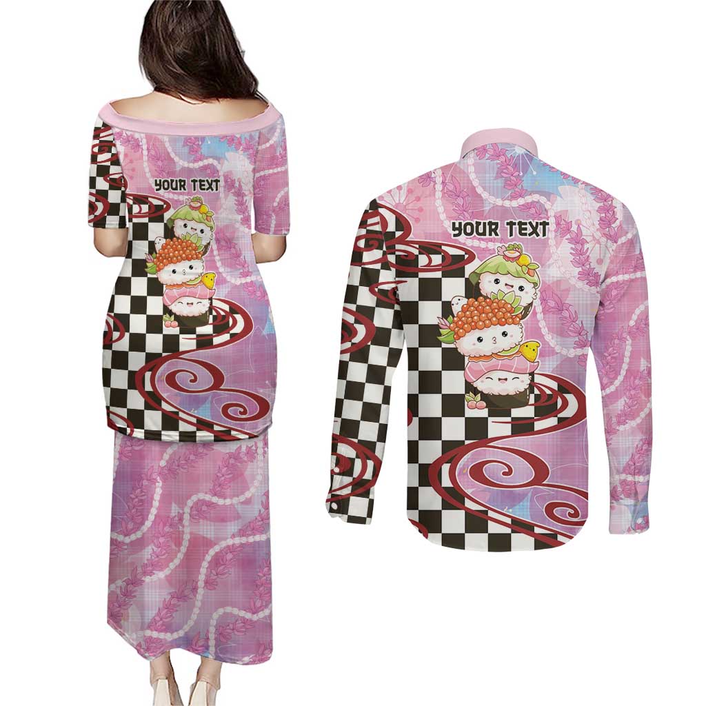 Personalized Japanese Kawaii Sushi Roll Couples Matching Puletasi and Long Sleeve Button Shirt Wagara Palaka Pattern