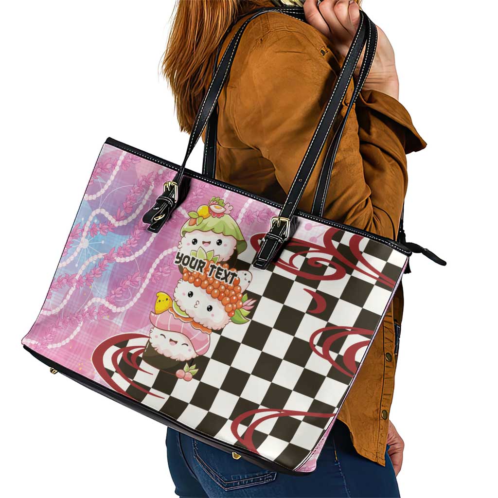 Personalized Japanese Kawaii Sushi Roll Leather Tote Bag Wagara Palaka Pattern