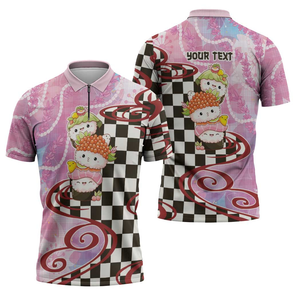 Personalized Japanese Kawaii Sushi Roll Zipper Polo Shirt Wagara Palaka Pattern