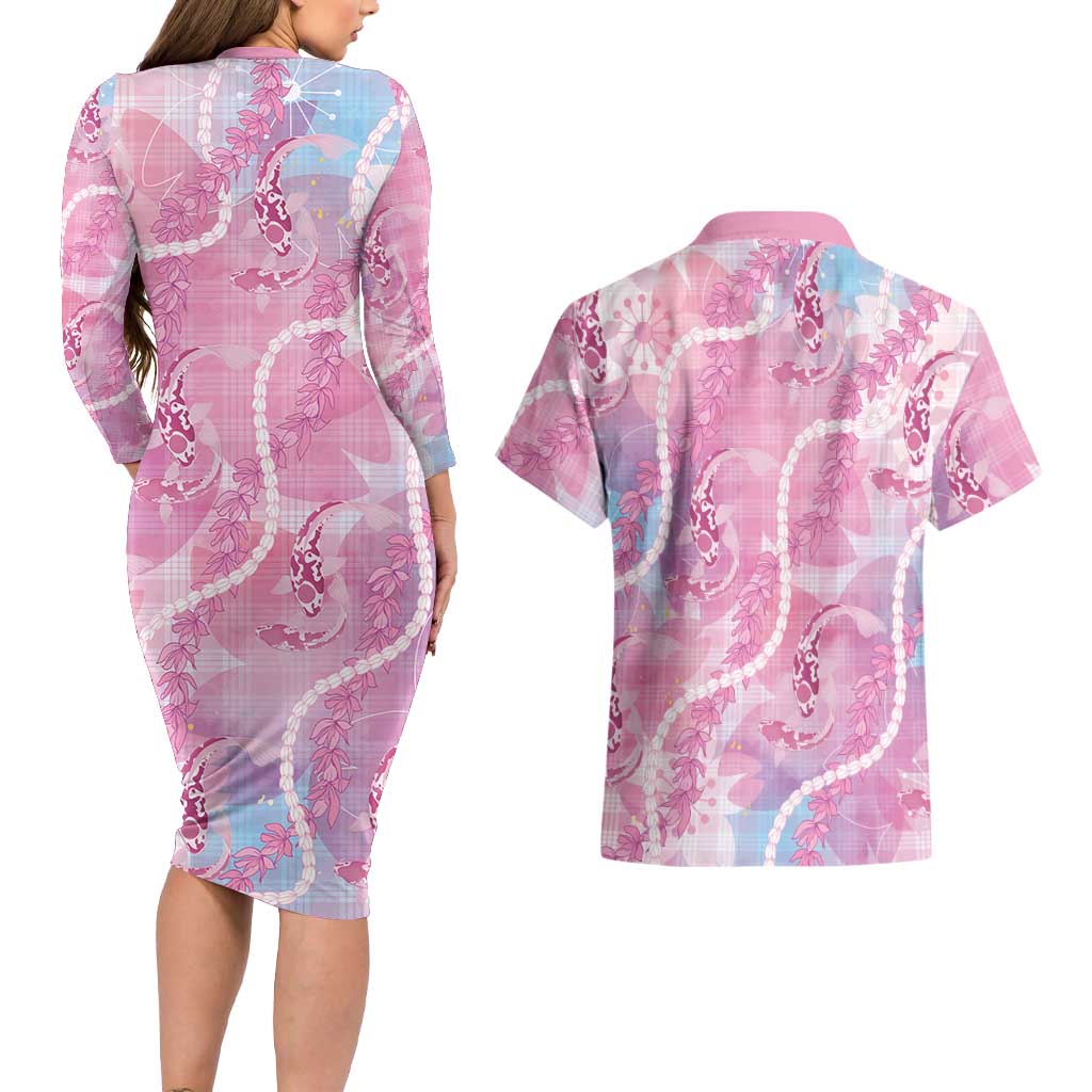 Japanese Koi Fish Couples Matching Long Sleeve Bodycon Dress and Hawaiian Shirt Pink Wagara Palaka Honohono Pikake Lei