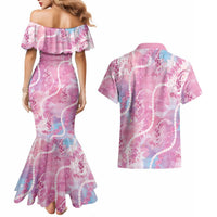 Japanese Koi Fish Couples Matching Mermaid Dress and Hawaiian Shirt Pink Wagara Palaka Honohono Pikake Lei