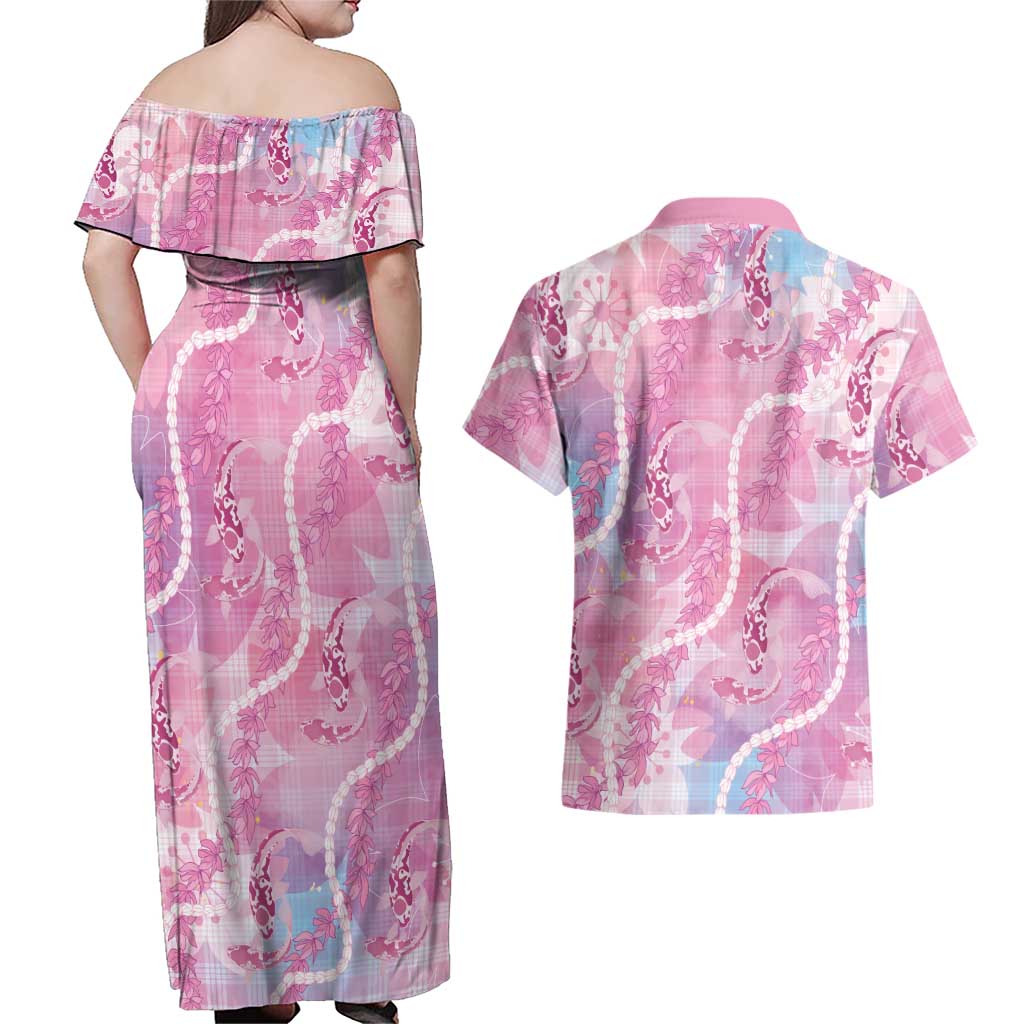 Japanese Koi Fish Couples Matching Off Shoulder Maxi Dress and Hawaiian Shirt Pink Wagara Palaka Honohono Pikake Lei