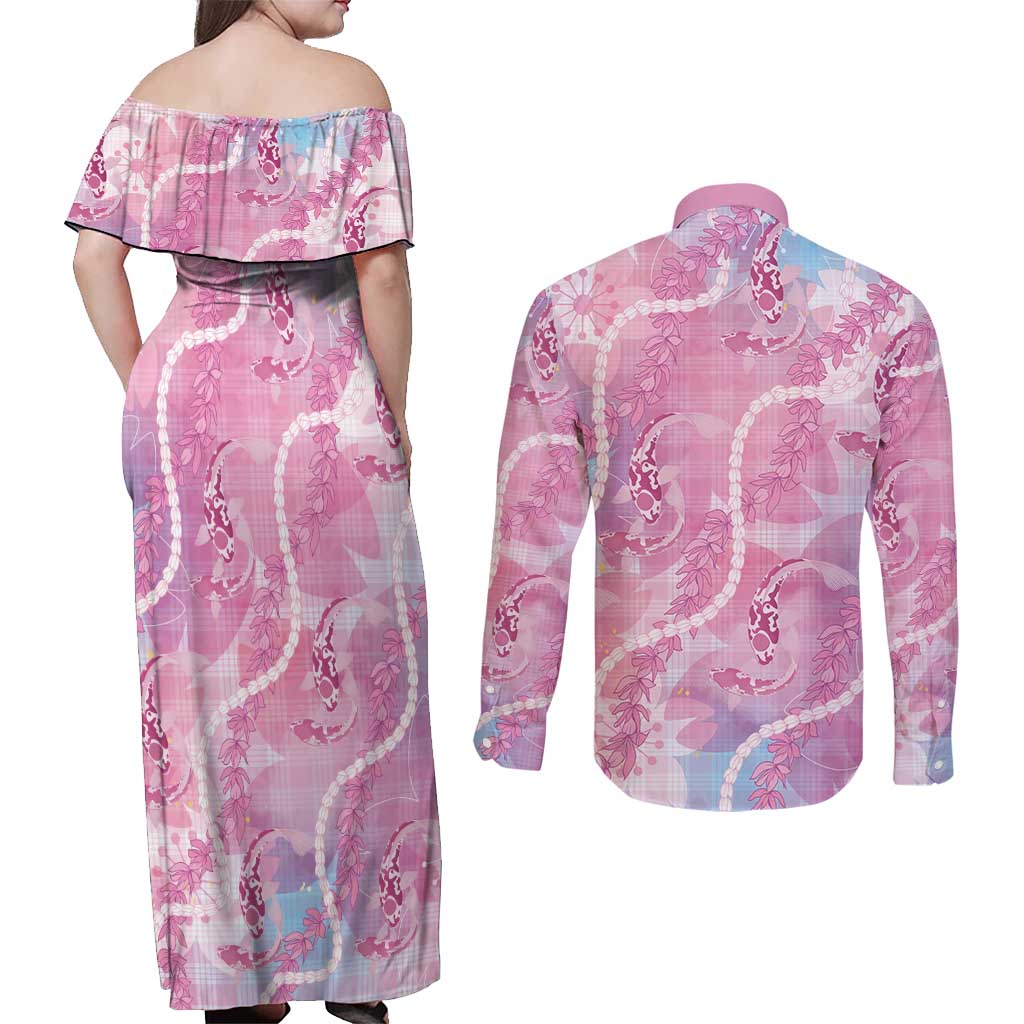 Japanese Koi Fish Couples Matching Off Shoulder Maxi Dress and Long Sleeve Button Shirt Pink Wagara Palaka Honohono Pikake Lei