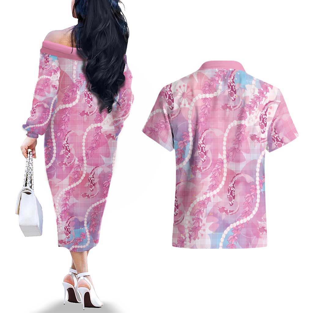 Japanese Koi Fish Couples Matching Off The Shoulder Long Sleeve Dress and Hawaiian Shirt Pink Wagara Palaka Honohono Pikake Lei