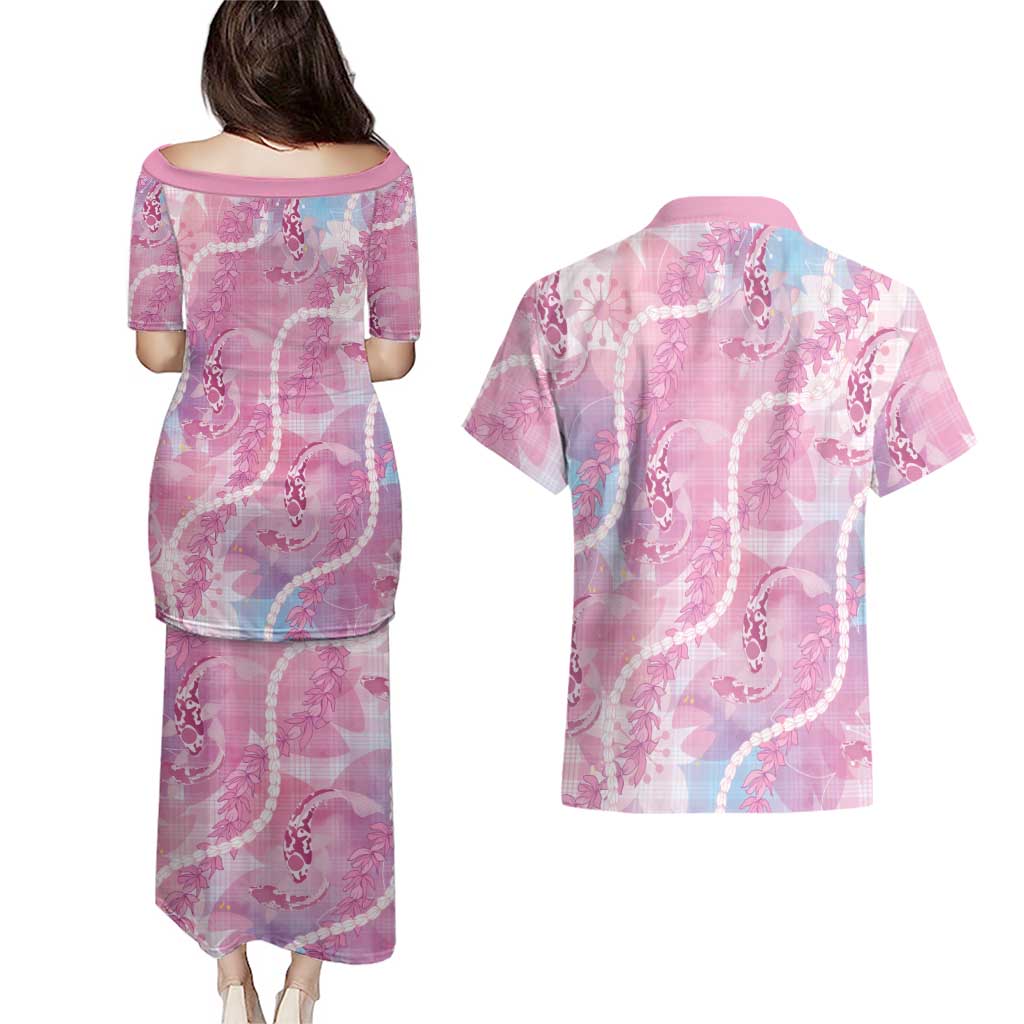 Japanese Koi Fish Couples Matching Puletasi and Hawaiian Shirt Pink Wagara Palaka Honohono Pikake Lei
