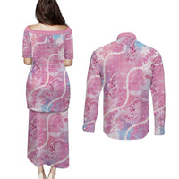Japanese Koi Fish Couples Matching Puletasi and Long Sleeve Button Shirt Pink Wagara Palaka Honohono Pikake Lei