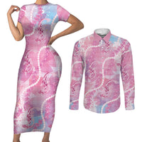 Japanese Koi Fish Couples Matching Short Sleeve Bodycon Dress and Long Sleeve Button Shirt Pink Wagara Palaka Honohono Pikake Lei