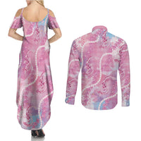 Japanese Koi Fish Couples Matching Summer Maxi Dress and Long Sleeve Button Shirt Pink Wagara Palaka Honohono Pikake Lei